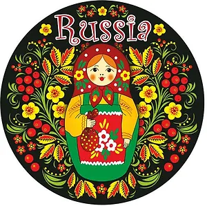 Наклейка круглая 8 см Матрешка. Красный платок, зеленый сарафан на черном фоне