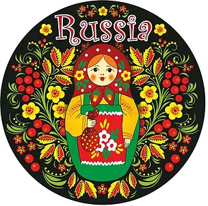 Наклейка круглая 8 см Матрешка. Красный платок, зеленый сарафан на черном фоне 336532