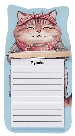 Блок для записей 90*170 40 листов, "Котик с кружкой" с карандашом, на магните 3077846