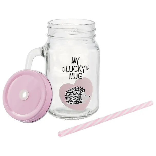 Банка с ручкой и крышкой для коктейлей Ежик My lucky mug (стекло) (450 мл) 2652087 — 2