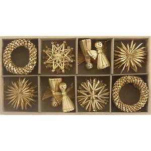 Новогоднее подвесное украшение из соломки Сердечки, олени и др. в деревянной коробке (12261) (Феникс-Презент)