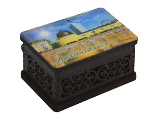 Шкатулка Архангельск малая резная  с заливкой смола Достопримечательности города вид 2 (9,5 x 6,5 x 5,5 см) (хдф)