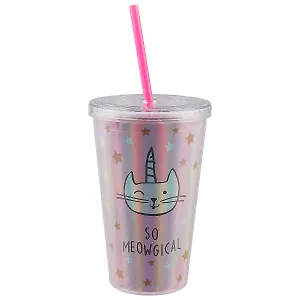 Стакан пластиковый с трубочкой Кошка-единорог голография (500 мл) (12-06646-20174)