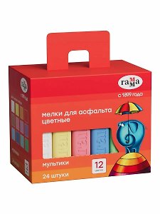Мелки цветные 12цв 24шт "Мультики" асфальтные, квадратные,  к/к, ГАММА
