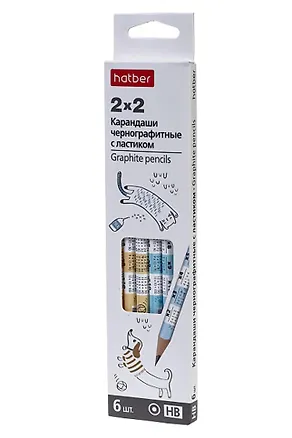 Карандаши ч/гр 06шт "2х2" НВ, с ластиком, черн.дерево, подвес, Hatber 3161171