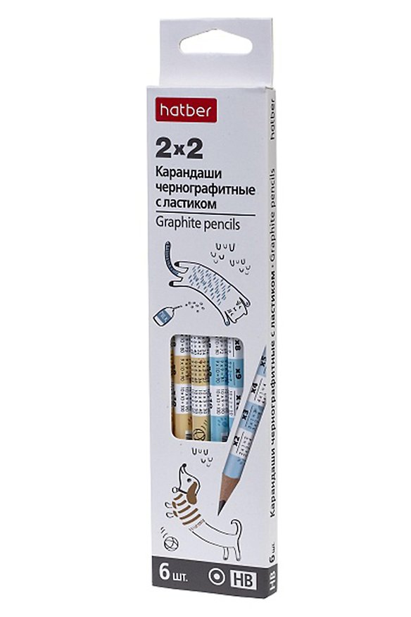 Карандаши ч/гр 06шт "2х2" НВ, с ластиком, подвес, Hatber 3161171 — 1