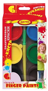 Краски пальчиковые 06цв "Дети" банка 25мл, кисть, к/к, подвес, Limpopo