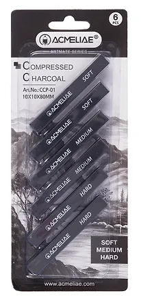 Уголь прессованный 06шт 80мм, квадр.сечения, 02шт твердый, 02шт средний, 02шт мягкий, блистер, ACMELIAE 3077436