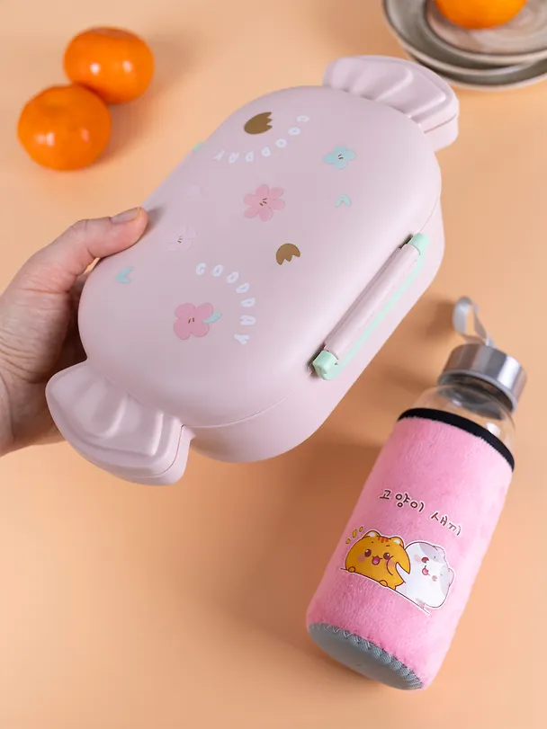 Набор Бутылка в чехле велюр Kawaii Котики Enjoy the little things (стекло) (300мл) (12-07599-KWI2)+Ланч-бокс Кролик Kawaii 1000мл (пластик) (20х13х7) (12-34435-LB5) 3086773 — 11