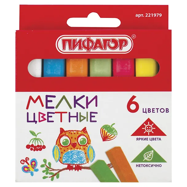 Мелки цветные 06цв квадратные, к/к, европодвес, Пифагор 3132541 — 1