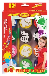 Краски пальчиковые 12цв в т.ч. 6цв перламутр. "Дети" банка 25мл, кисть, штампы, к/к, подвес, Limpopo
