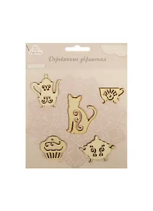 Деревянные украшения Время чая/Чаепитие (WF08) (5шт) (Рукоделие) (упаковка)