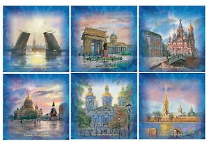 МедВс Набор подставок 6шт. АКВАРЕЛЬ-2 (Синяя рамка размыв) в блистере