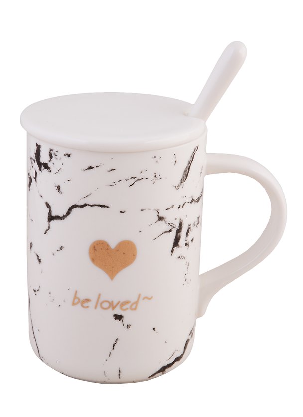 Кружка с крышкой и ложкой Мрамор Be loved (золото) (керамика) (380 мл) (ym6099-1) 2788567 — 1
