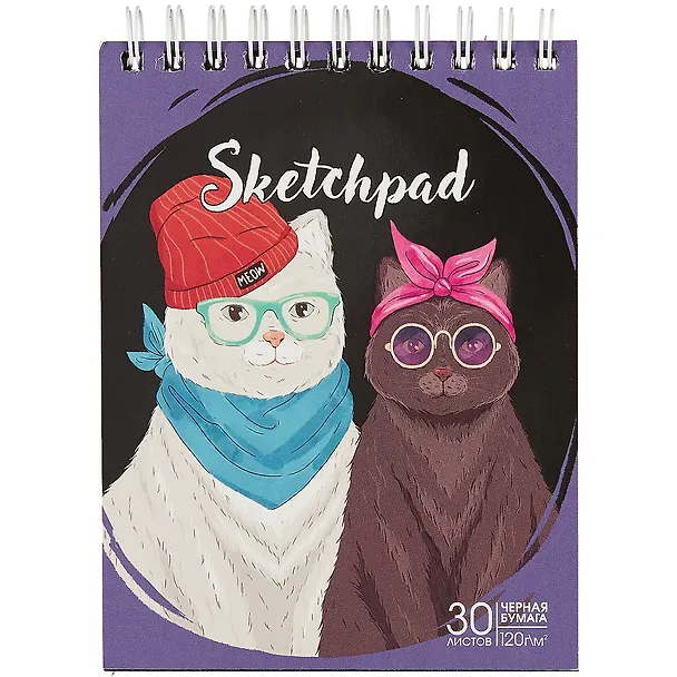 Скетчбук А6 30л "Коты" черн.внутр.блок, 120г/м2, гребень 262388 — 1