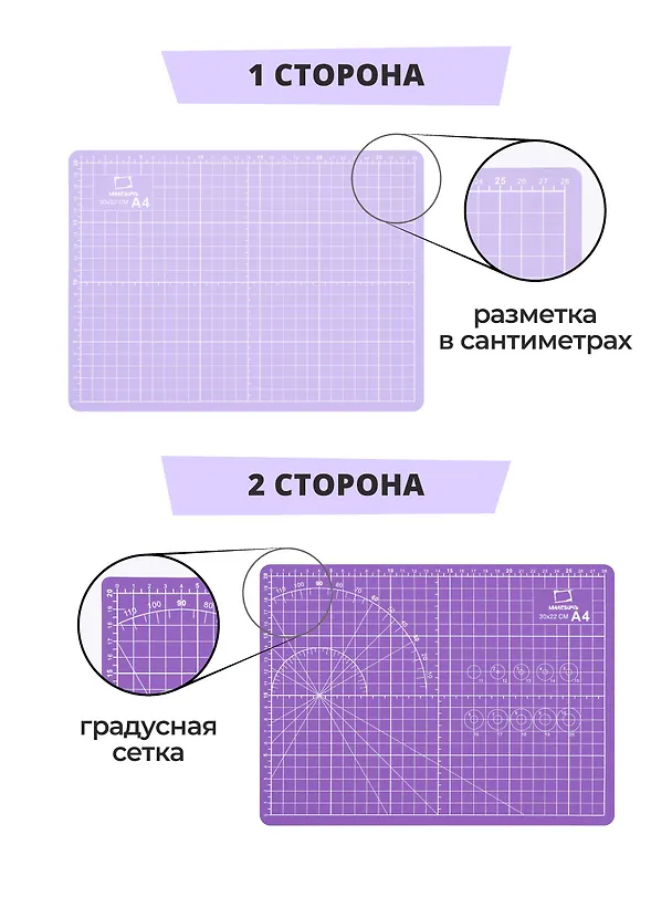 Коврик для резки А4 защитный, трехслойный, сиреневый, Малевичъ  3117158 — 3