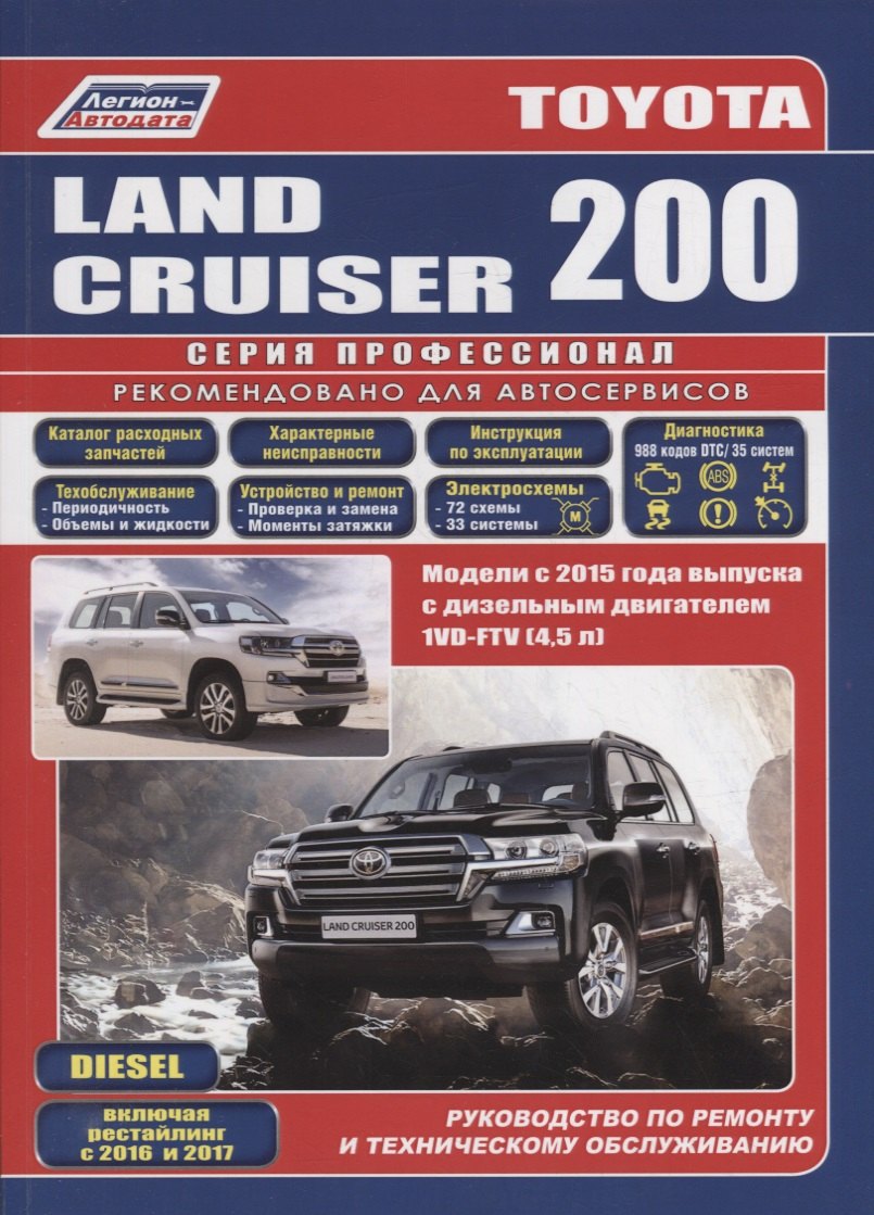 

Toyota Land Cruiser 200. Модели с 2015 года выпуска с дизельным двигателем 1VD-FTV (4,5 л). Включены рестайлинговые модели с 2016 и 2017 гг. выпуска. Каталог расходных запасных частей. Характерные неисправности. Руководство по ремонту