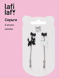 Сережки Котята черо-белые с бантиком и цепочкой (2 штуки) (металл), Lafilaf