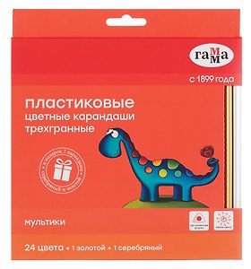 Карандаши цветные 24цв.+ золотой + серебряный "Мультики" пласт., трехгранные, заточен, к/к, подвес, Гамма