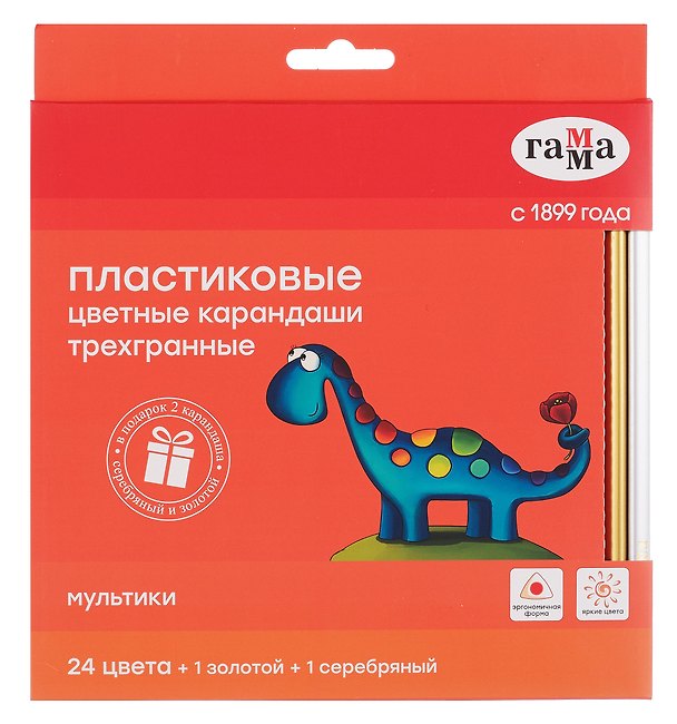 Карандаши цветные 24цв.+ золотой + серебряный "Мультики" пласт., трехгранные, заточен, к/к, подвес, Гамма 3176562 — 1