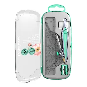 Готовальня 7 предм., "Pastel Bloom" (циркуль 150мм, линейка, два угольника, транспортир, ластик, точилка), зеленый, пластик.футляр, подвес, Erich Krause