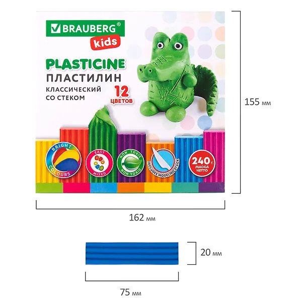 Пластилин 12цв 240гр "KIDS" стек, BRAUBERG 2937269 — 7