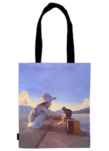 Сумка-шоппер Аниме Девушка с кошкой у реки (Седзё) (цветная) (текстиль) (40х32)