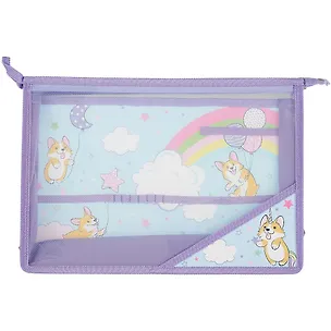 Папка для труда А4 "Игривые корги" 33*23см пластик, молния, внутр.блок для канц.принадлежностей 258280