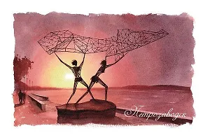 Открытка "Петрозаводск. Скульптура Рыбаки". Акварель