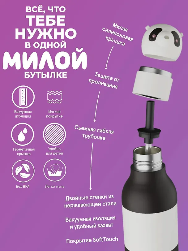 Бутылка для холодных и горячих напитков Asobu Bestie Панда (460 мл) (69769) 3140825 — 5