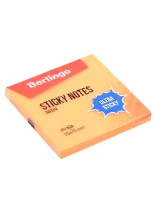 Блок бумаги 75*75 самоклеящийся оранжевый неон 80л, "Ultra Sticky", Berlingo