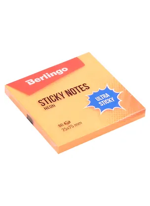 Блок бумаги 75*75 самоклеящийся оранжевый неон 80 листов, "Ultra Sticky", Berlingo 2975137