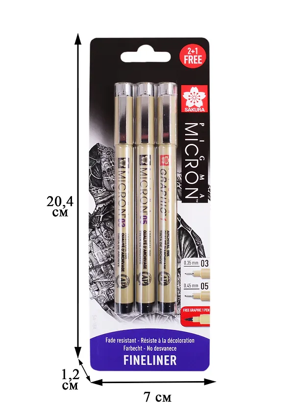 Набор капиллярных ручек Pigma Micron 3шт (0.35мм 0.45мм + graphic 1мм) , цвет черный, Sakura 257521 — 2
