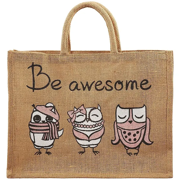 Сумка джутовая L Совы Be awesome (43х34х19)  (ДЖ2019-8) 2713402 — 2