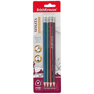 Карандаши Erich Krause, Sonata, чернографитные HB с ластиком 4 штуки 259181