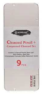 Уголь прессованный 06шт + карандаши угольные 03шт черные, мет.кор., ACMELIAE