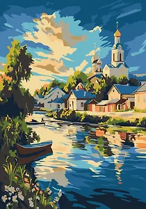 Картина-раскраска по номерам. Летняя деревушка на реке