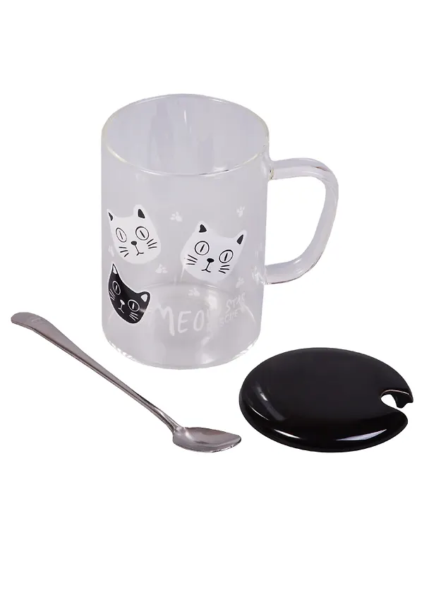 Кружка с крышкой и ложкой Meow (стекло) (350мл) 2619259 — 2