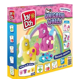Масса для лепки Joy Doh, набор UNICORN WORLD - Мир единорогов, 3D формы, украшения, 21 аксессуар, 4 баночки с тестом  с блестками, (4 х 50 грамм) 3121534