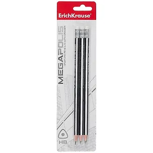 Карандаши Erich Krause, Megapolis, чернографитные HB с ластиком 3 штуки 259184