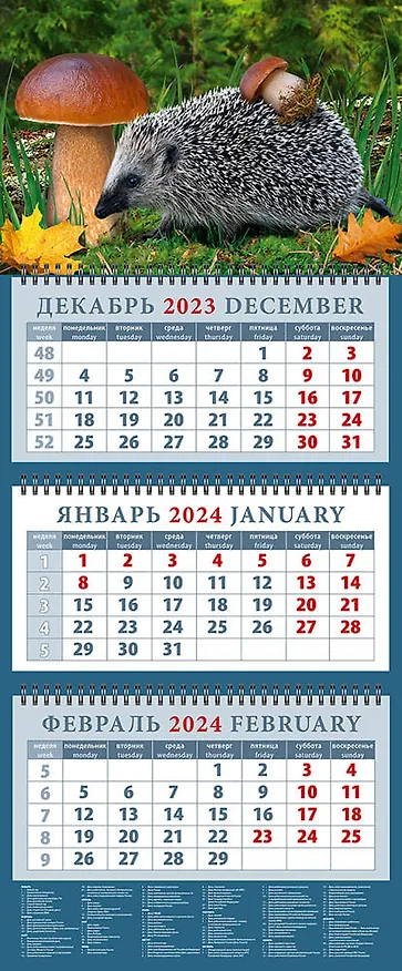 Календарь квартальный 2024г 320*760 "Ежик с грибом" настенный, трёхблочный, спираль 2998273 — 1