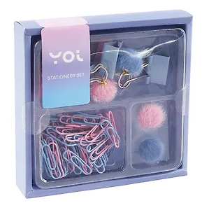 Набор канцелярский: кнопки-гвоздики  с шариками 2 штуки, зажимы 25 мм 5 штук, зажимы с шариками 2 штуки, скрепки 28 мм 80 штук, Yoi