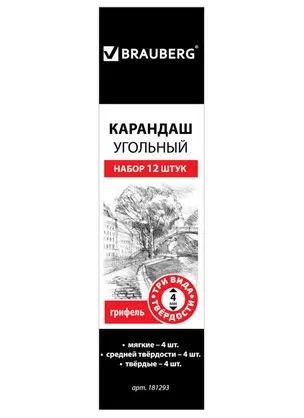 Карандаши (НАБОР 12 штук )угольные BRAUBERG ART CLASSIC, (МЯГКИЙ, СРЕДНИЙ, ТВЕРДЫЙ), 181293 — 2970684 — 1