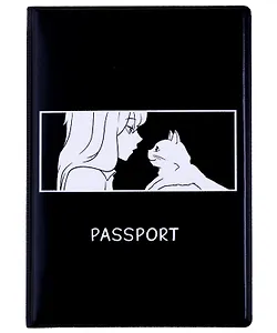 Обложка для паспорта Аниме ч/б Девушка с котиком (ОП2024-417)