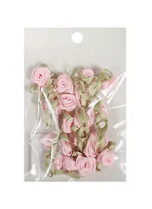 Пришивные розочки с листиками розовые (1,5 см) (20 штук)
