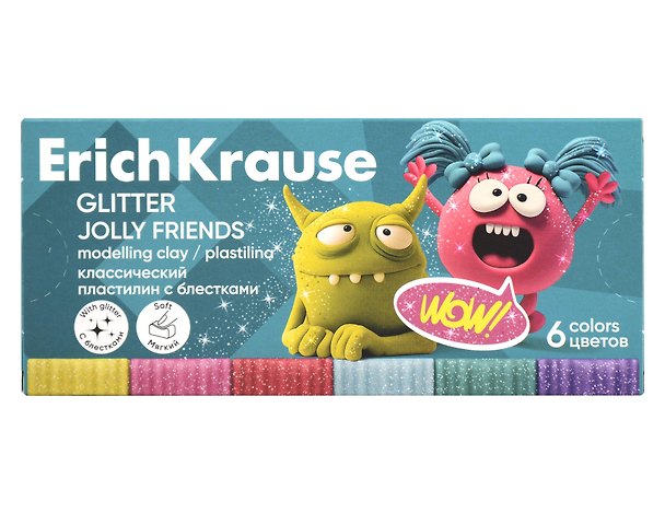 Пластилин «Jolly Friends Glitter», 6 цветов, 108 г, с блестками, со стеком, Erich Krause 3132599 — 1