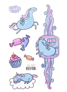 Тату "Единороги, часики" (2 вида) (7,5х12см)