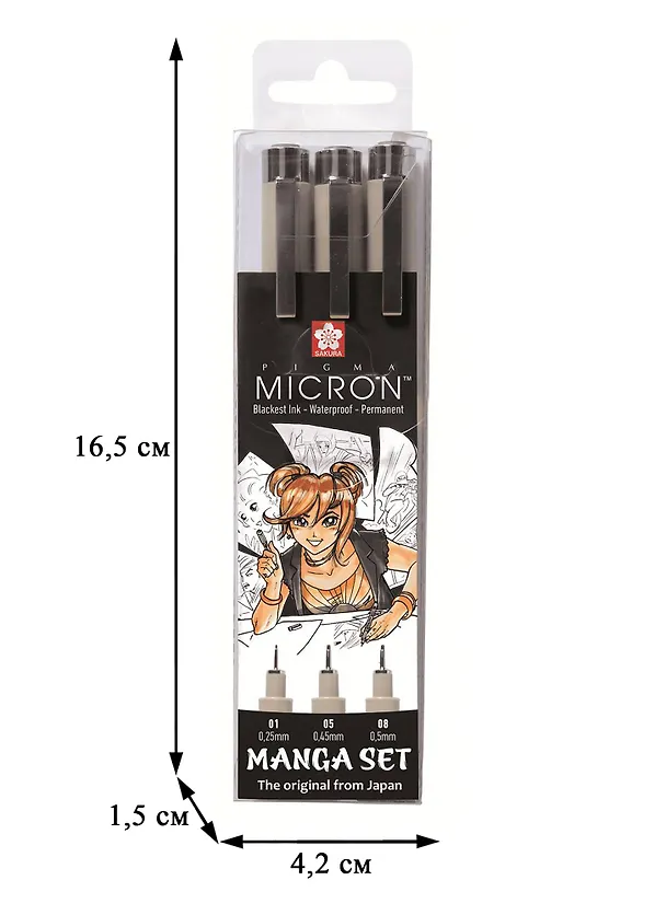 Ручки капиллярные черные 03шт "Pigma Micron Manga" 0.1мм, 0.5мм, 0.8мм 258672 — 2