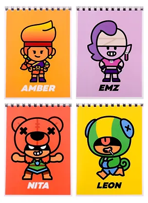 Блокнот А6 40 листов, нелинованный, "Leon, Amber, Emz, Nita, Frank" спираль, Brawl Stars 2913140