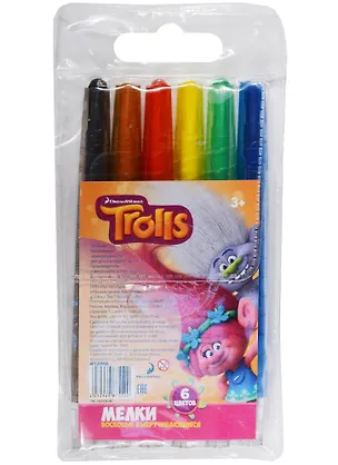 Мелки восковые 6цв "Тролли", выкручивающиеся, Centrum 242409